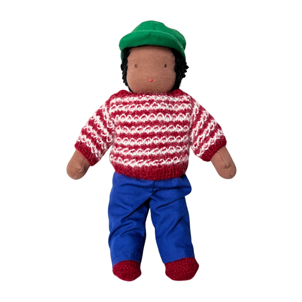 9" Waldorf Boy Doll in Red Striped Sweater  · Black