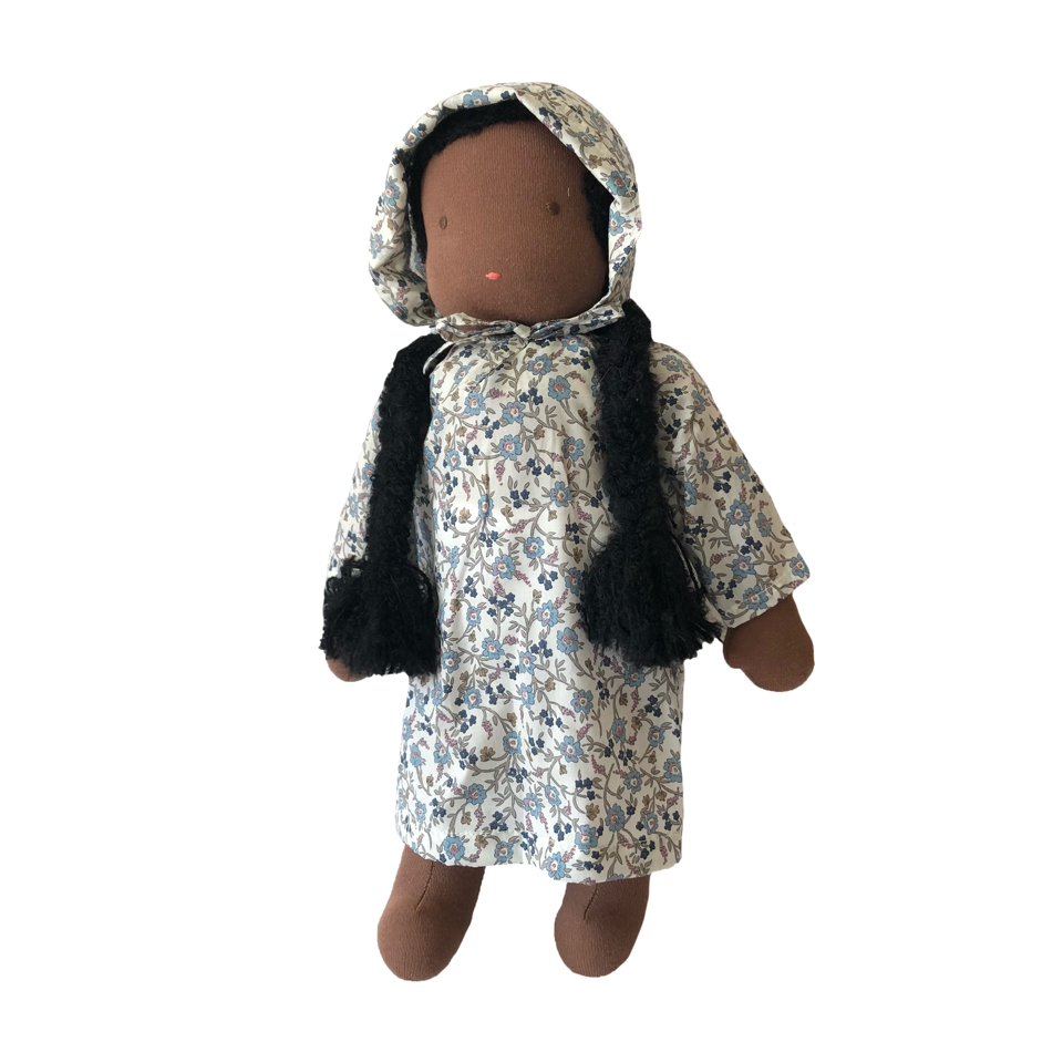 15" Waldorf Doll in Blue Liberty Floral Dress · Black