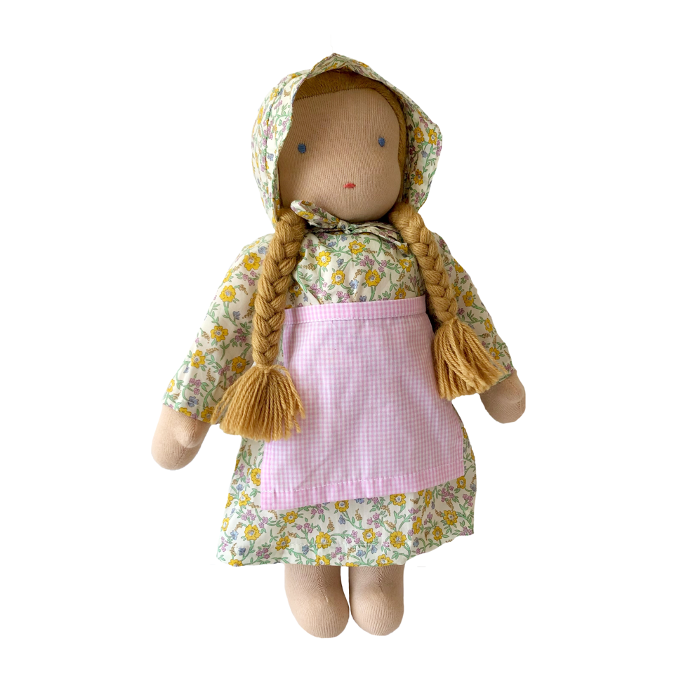 15" Waldorf Doll in Yellow Hannah Fey Liberty Fabric Dress · White