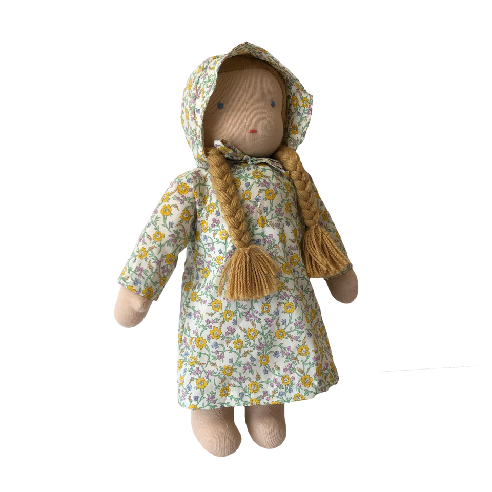 15" Waldorf Doll in Yellow Hannah Fey Liberty Fabric Dress · White