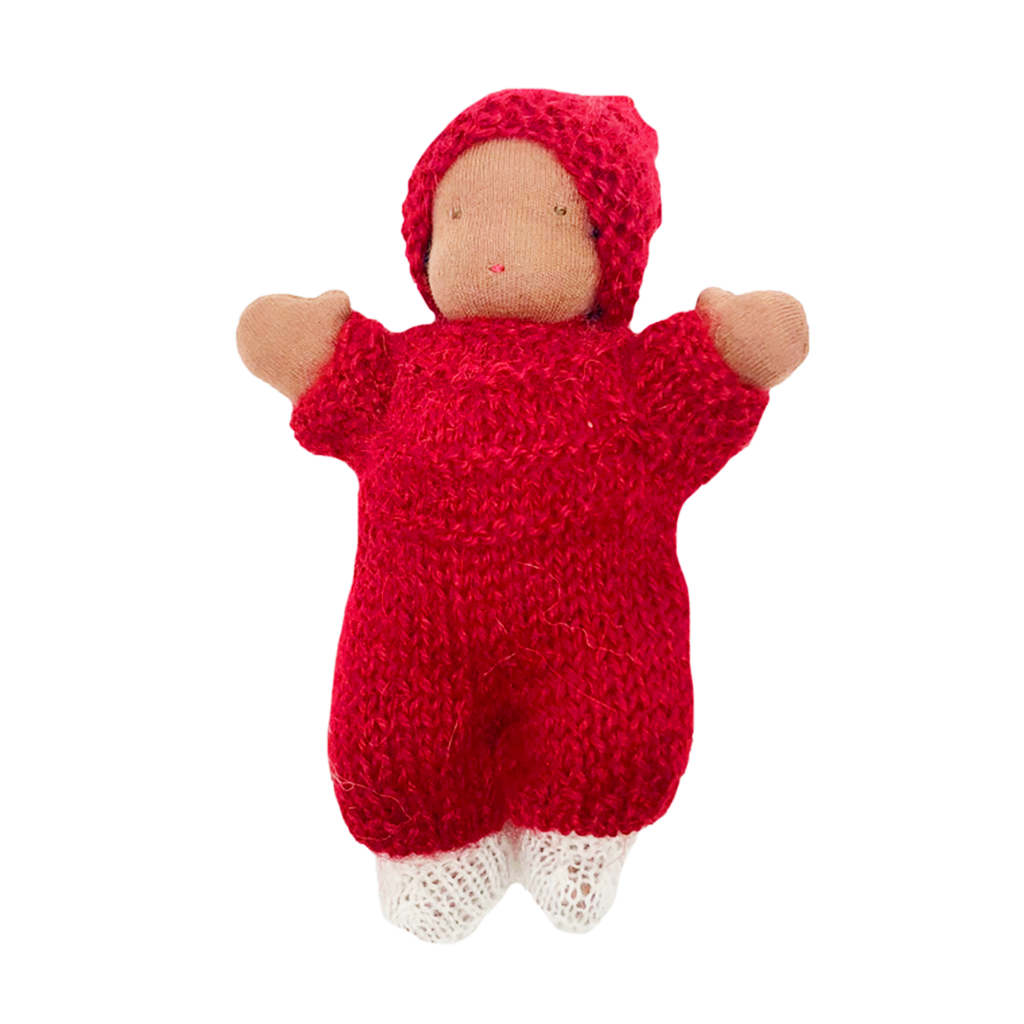 6" Small Waldorf Doll in Red Knitwear · Brown