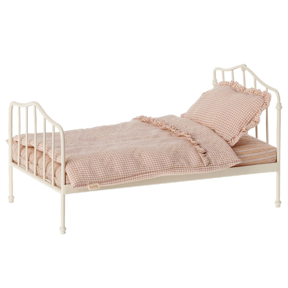 Maileg Mini Vintage Bed with Dark Rose Gingham Bedding