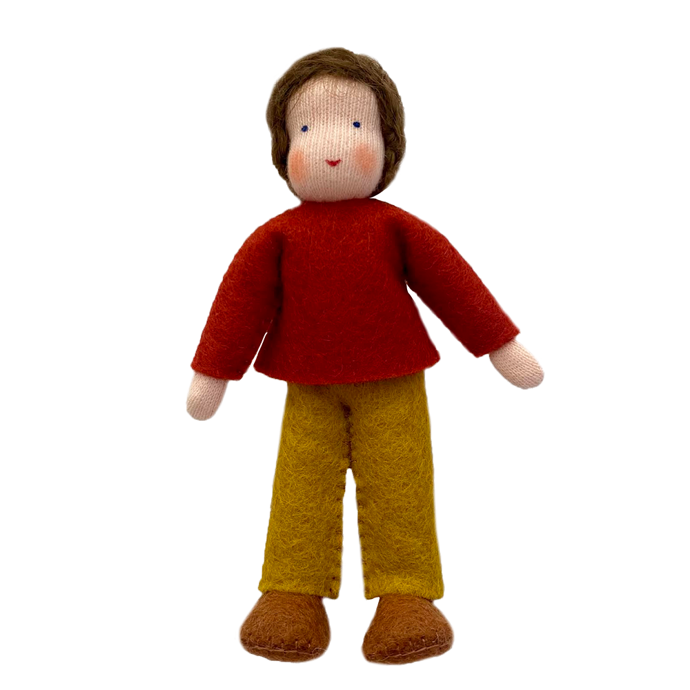 Waldorf Brunette Dollhouse Boy in Red Top and Ochre Pants · White