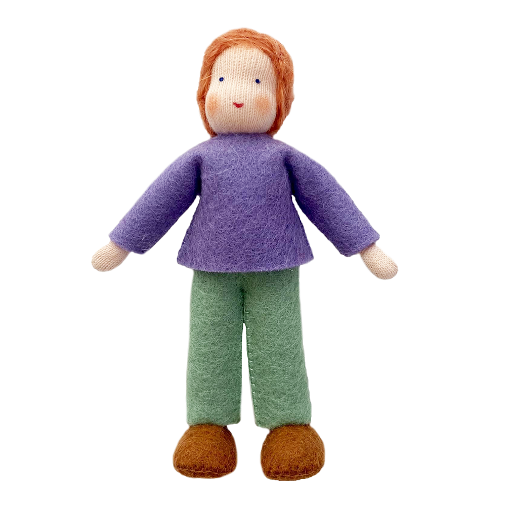 Waldorf Dollhouse Ginger Boy in Purple Top and Green Pants · White