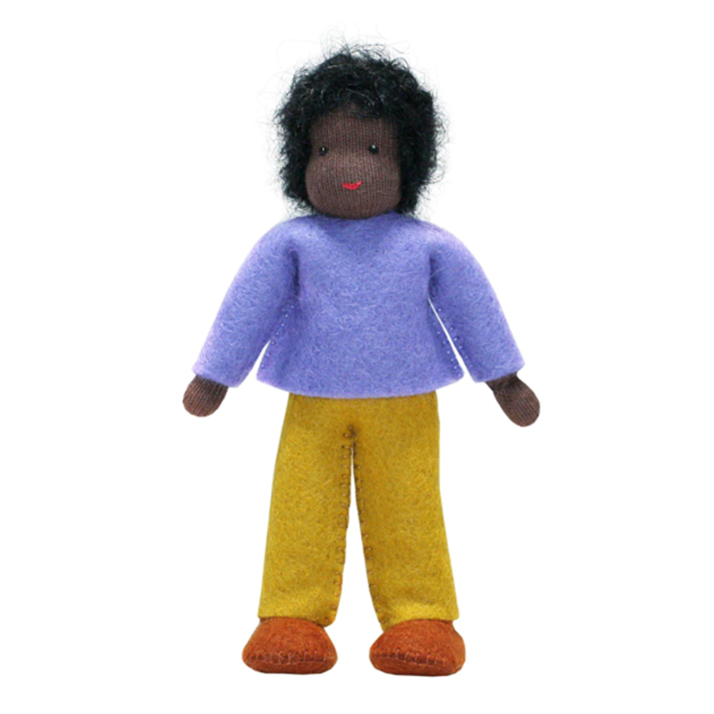 Waldorf Dollhouse Boy in Purple Top · Black