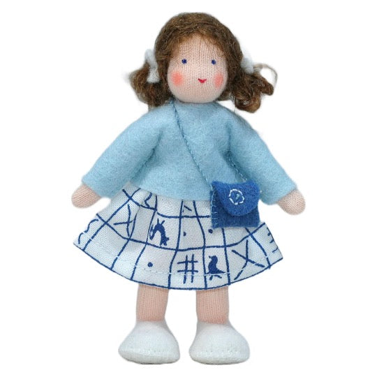 Waldorf Dollhouse Brunette Girl in Blue Top and Patterned Skirt · White
