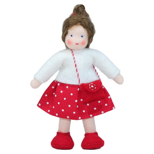 Waldorf Dollhouse Brunette Girl in White Top and Red Polka Dot Skirt  · White