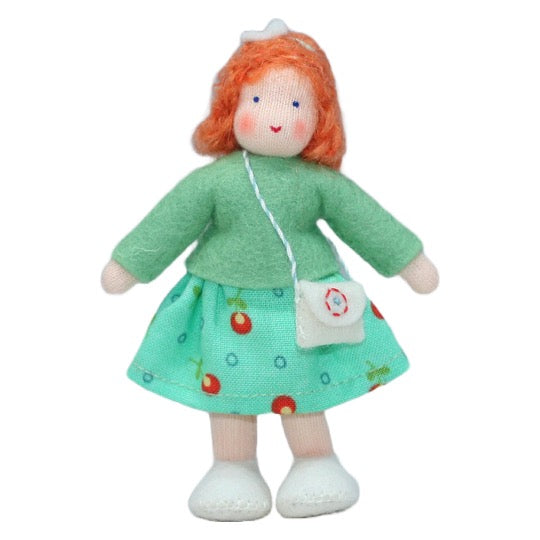 Waldorf Dollhouse Ginger Girl in Seafoam Top and Patterned Skirt · White