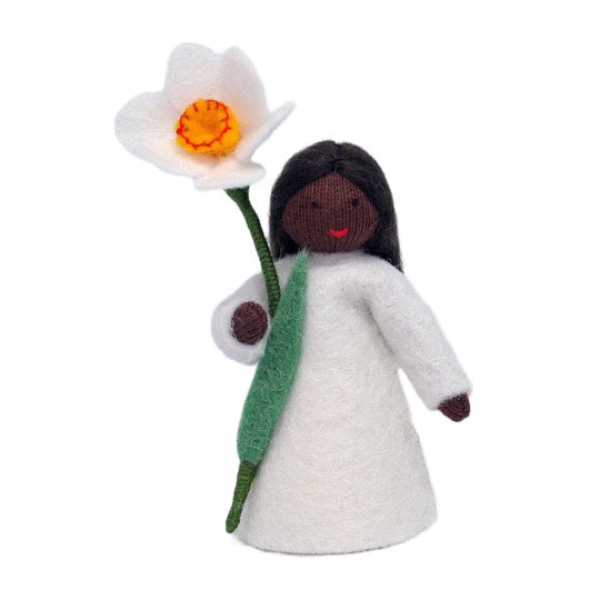 White Daffodil Fairy Holding Flower · Black