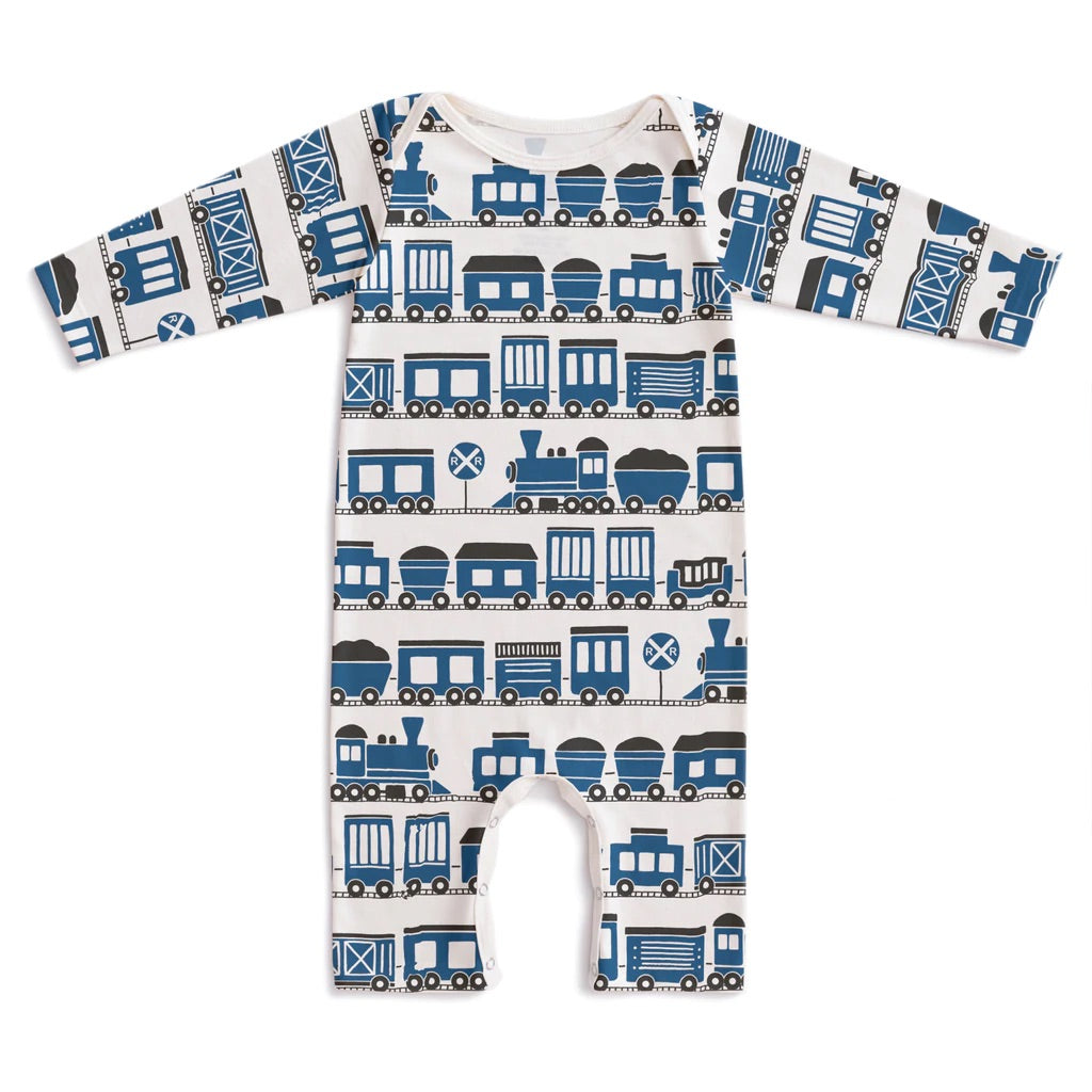 Winter Water Factory Organic Long Sleeve Romper · Navy Trains