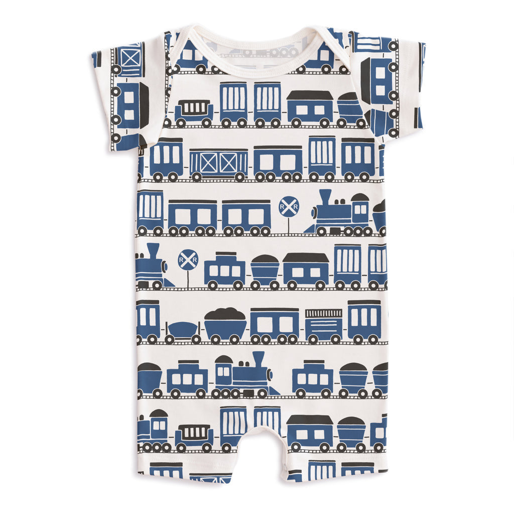 Winter Water Factory Organic Short Sleeve Romper · Navy Trains