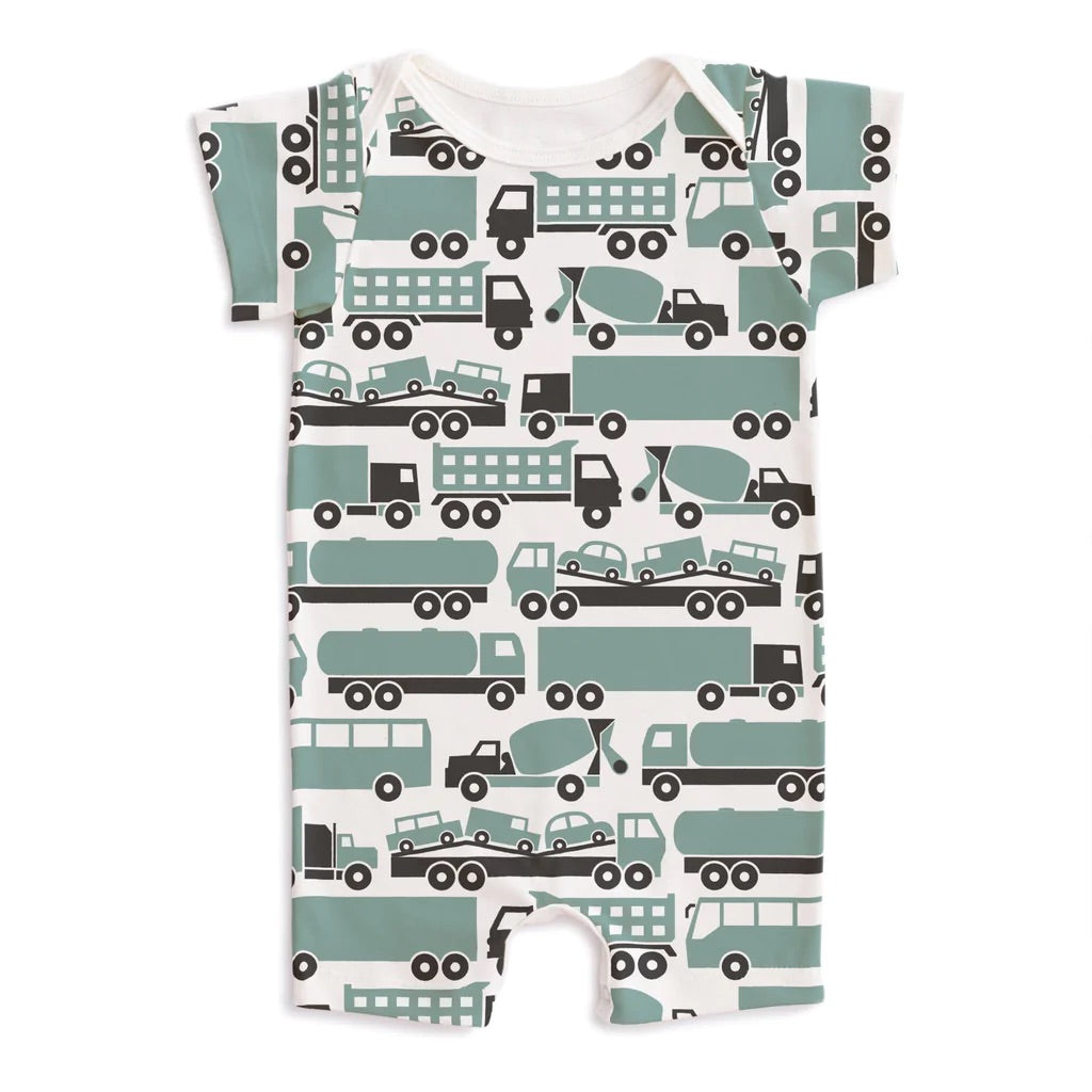 Winter Water Factory Organic Short Sleeve Romper · Sage Green Big Rigs