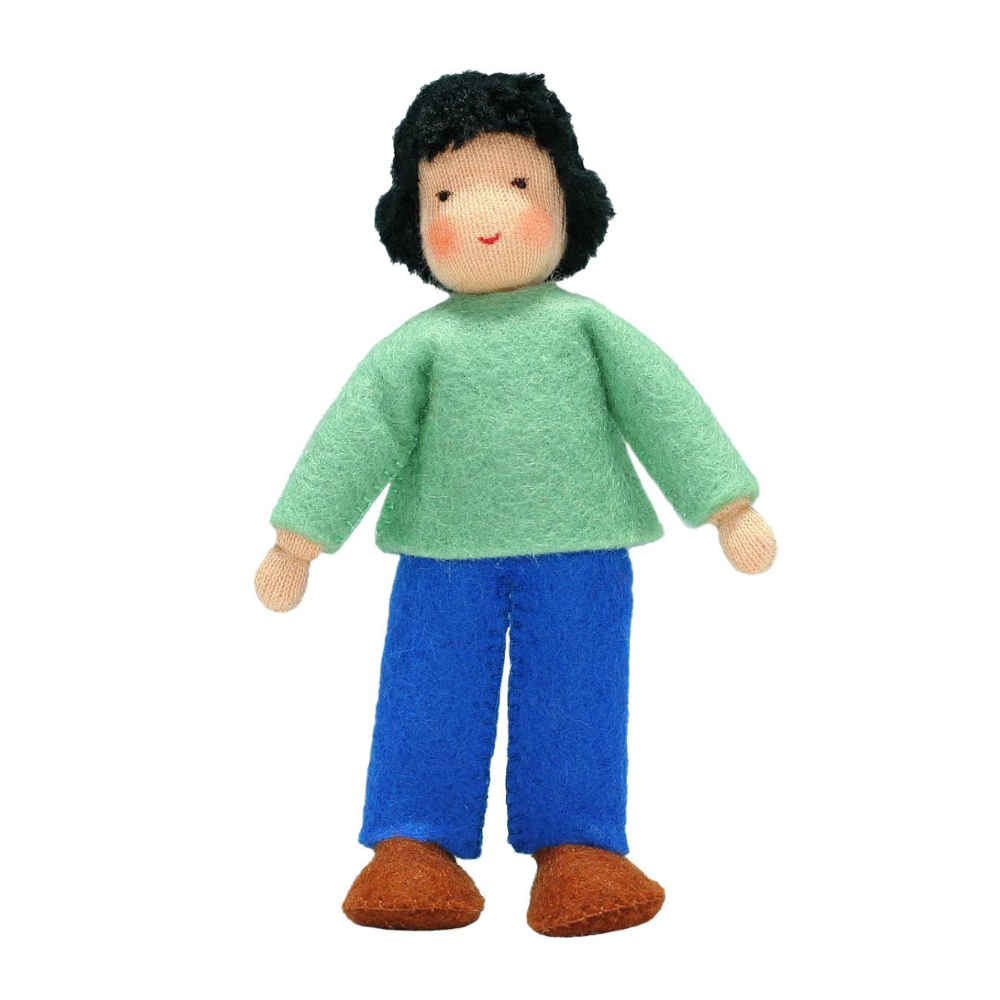 Waldorf Dollhouse Boy in Mint Top and Blue Pants · Fair