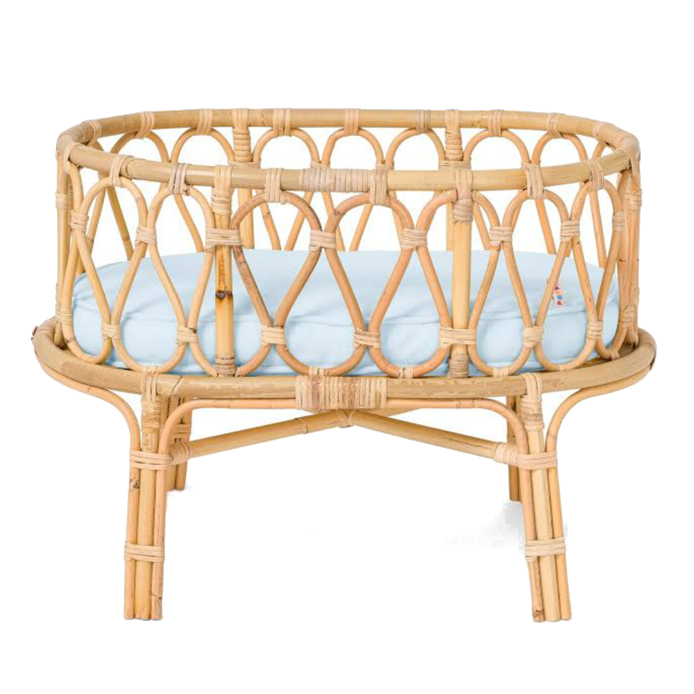 Poppie Toys Rattan Doll Crib with Blue Mattress