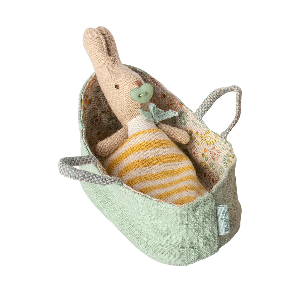 Maileg Tiny Teeny Bunny in Mint Carrying Cot