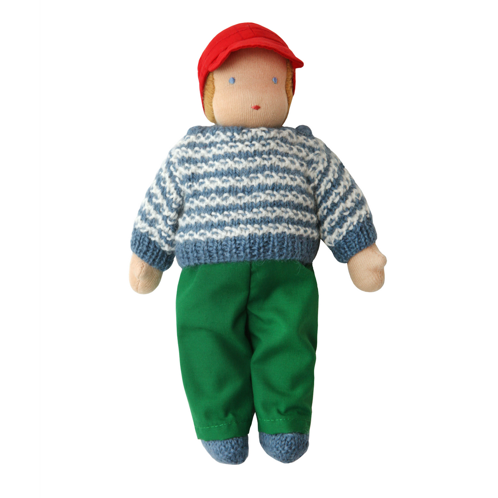 9" Waldorf Boy Doll in Blue Striped Sweater · White