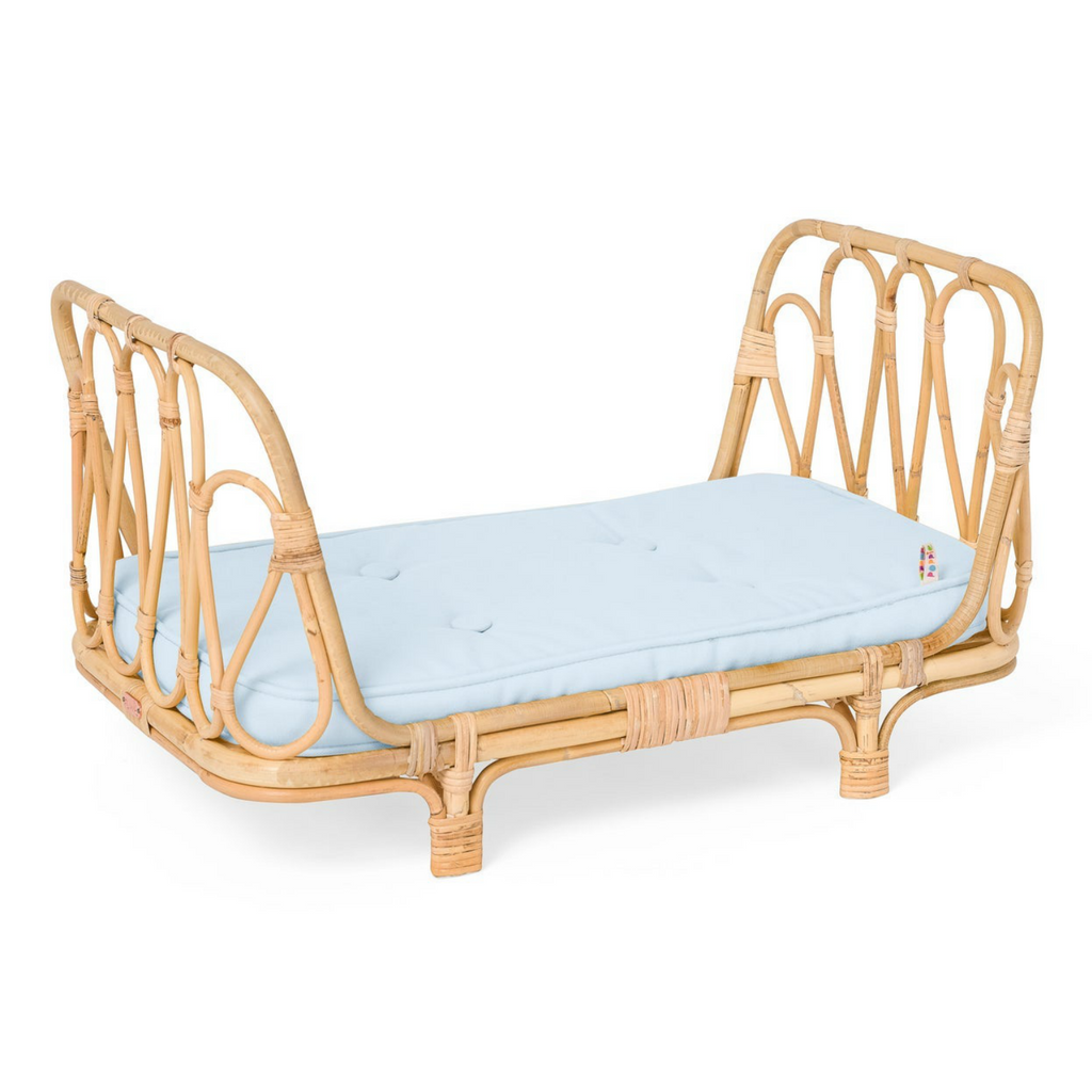 Poppie Toys Rattan Doll Bed with Blue Mattress