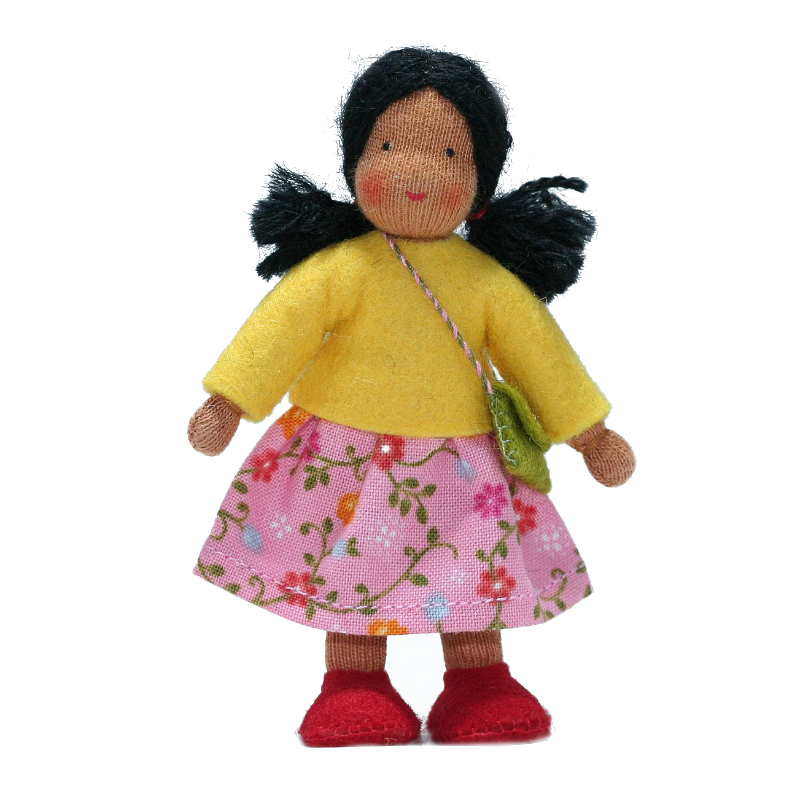 Waldorf Dollhouse Girl in Red Shirt and Floral Skirt· Brown