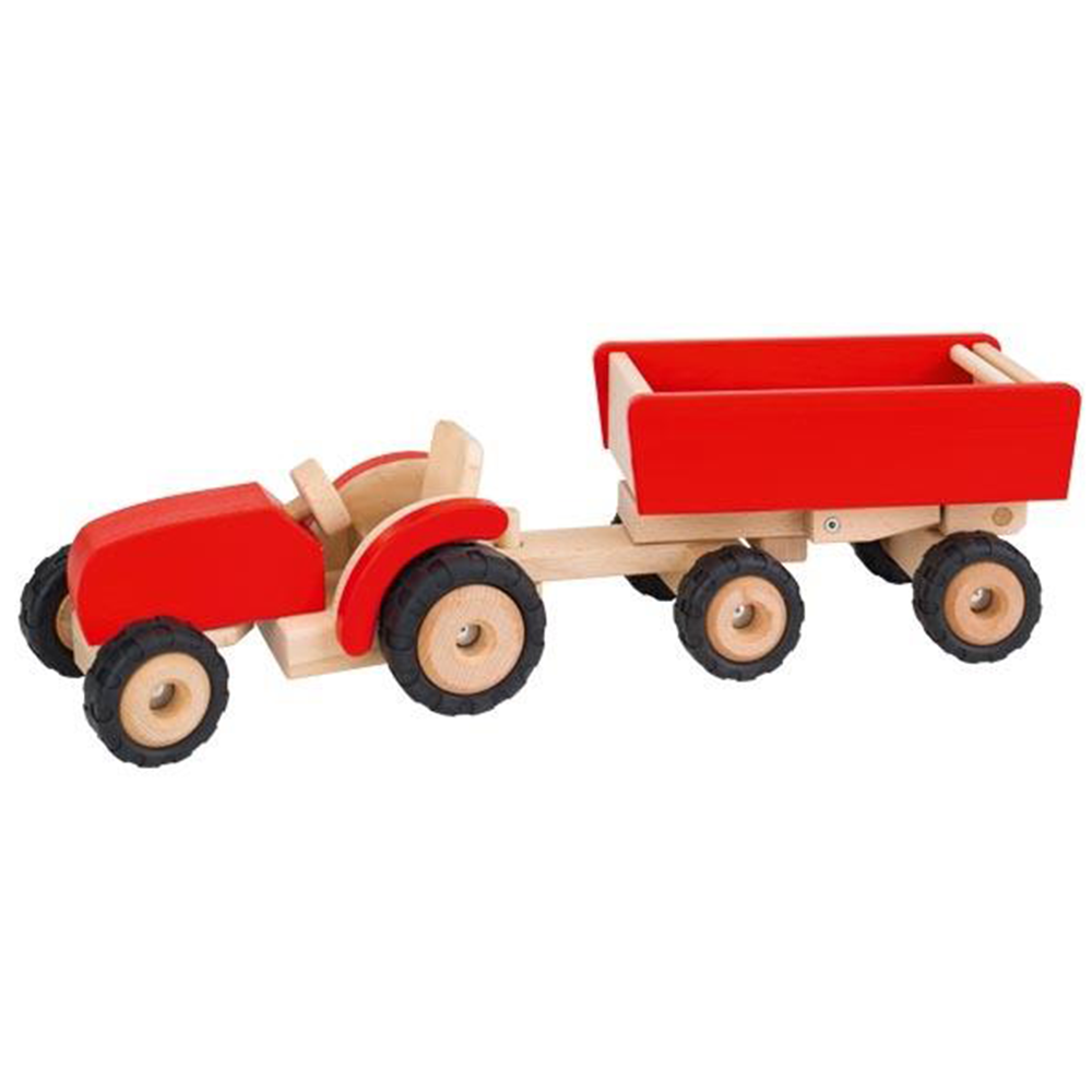 Goki Red Wooden Tractor with Trailer
