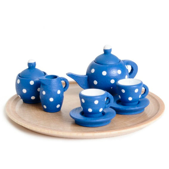 Miniature Blue Polka Dot Dollhouse Tea Set 