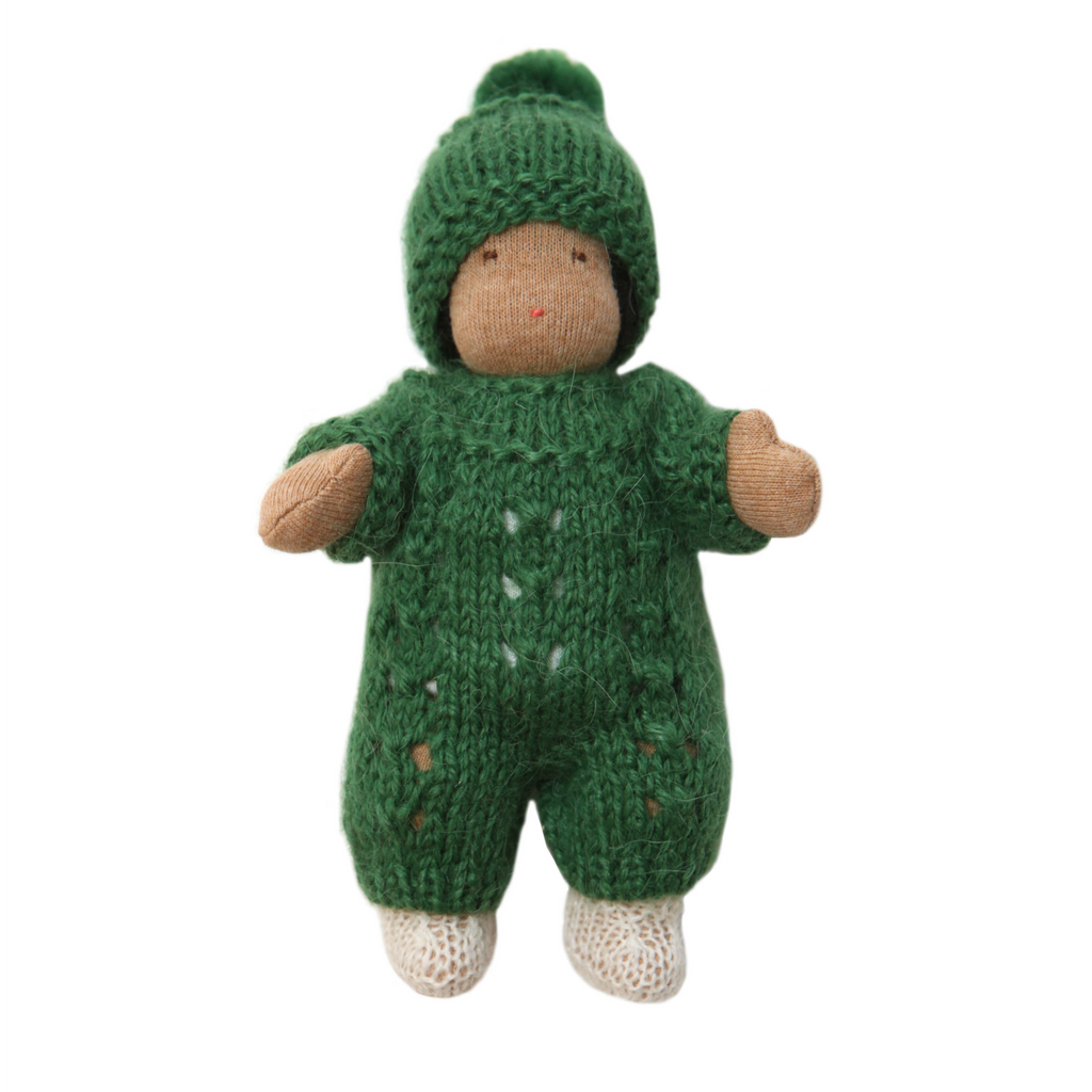 6" Small Waldorf Doll in Green Knitwear · Brown
