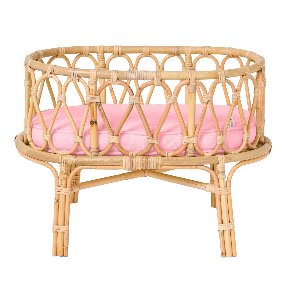 Poppie Toys Rattan Doll Crib with Pink Mattress