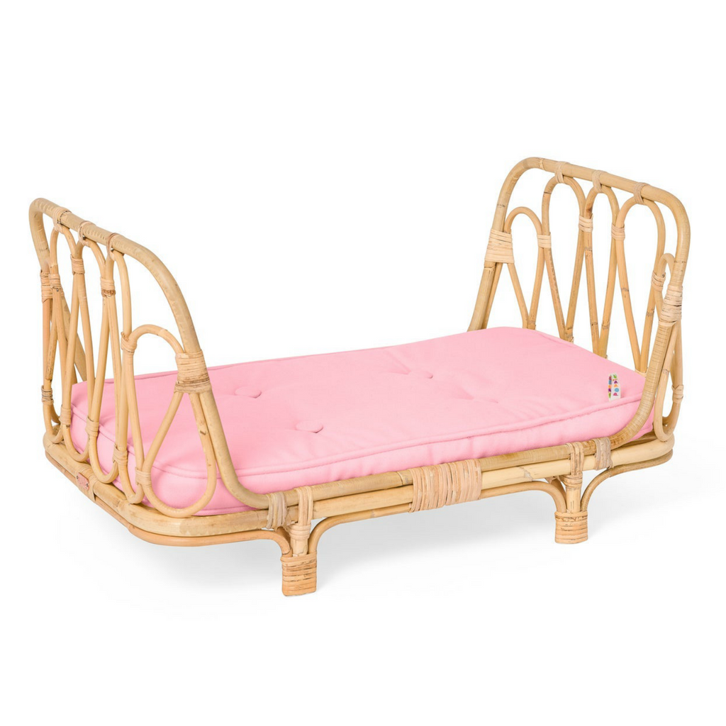 Poppie Toys Rattan Doll Bed with Pink Mattress