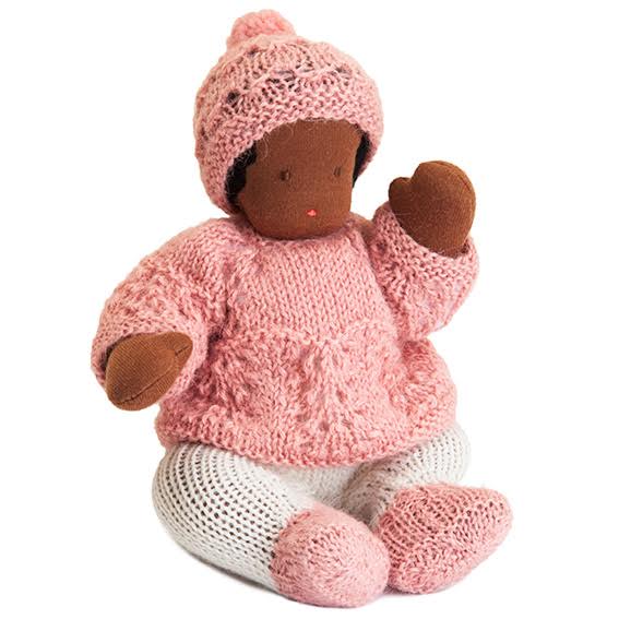 Waldorf Bendable Dark Skin Baby Doll Â· Pink Outfit 