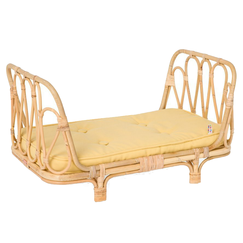 Poppie Toys Rattan Doll Bed with Yellow Mattress