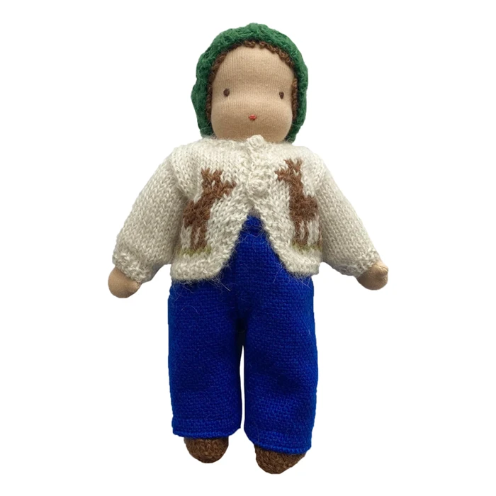 9" Waldorf Boy Doll in Cardigan and Blue Pants  · Brown