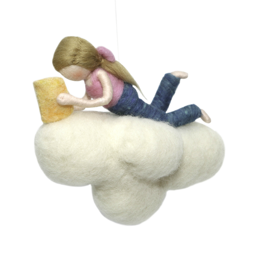 Felted Girl Reading on a Cloud Mobile · White